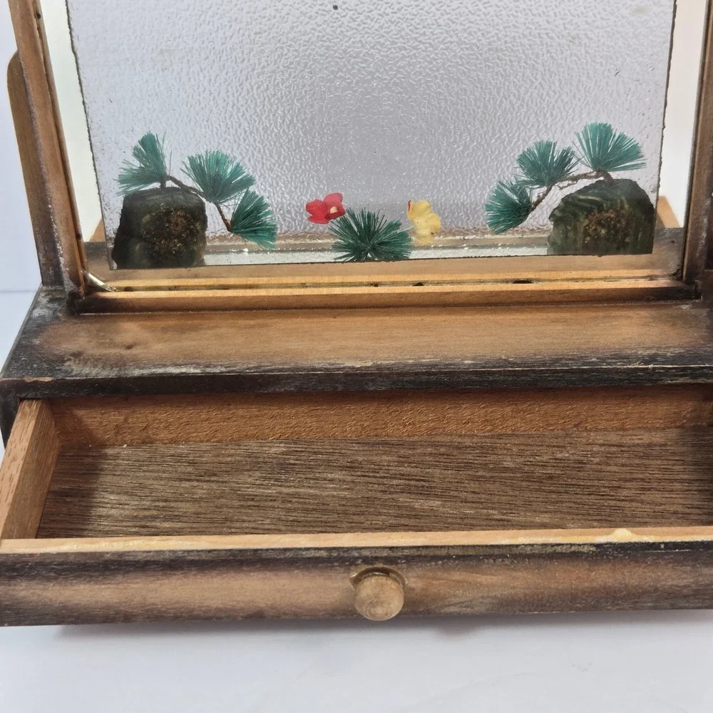 Vintage Wooden Jewelry Box Diorama Mirror Miniature Pine Tree Trinket Drawer 7in